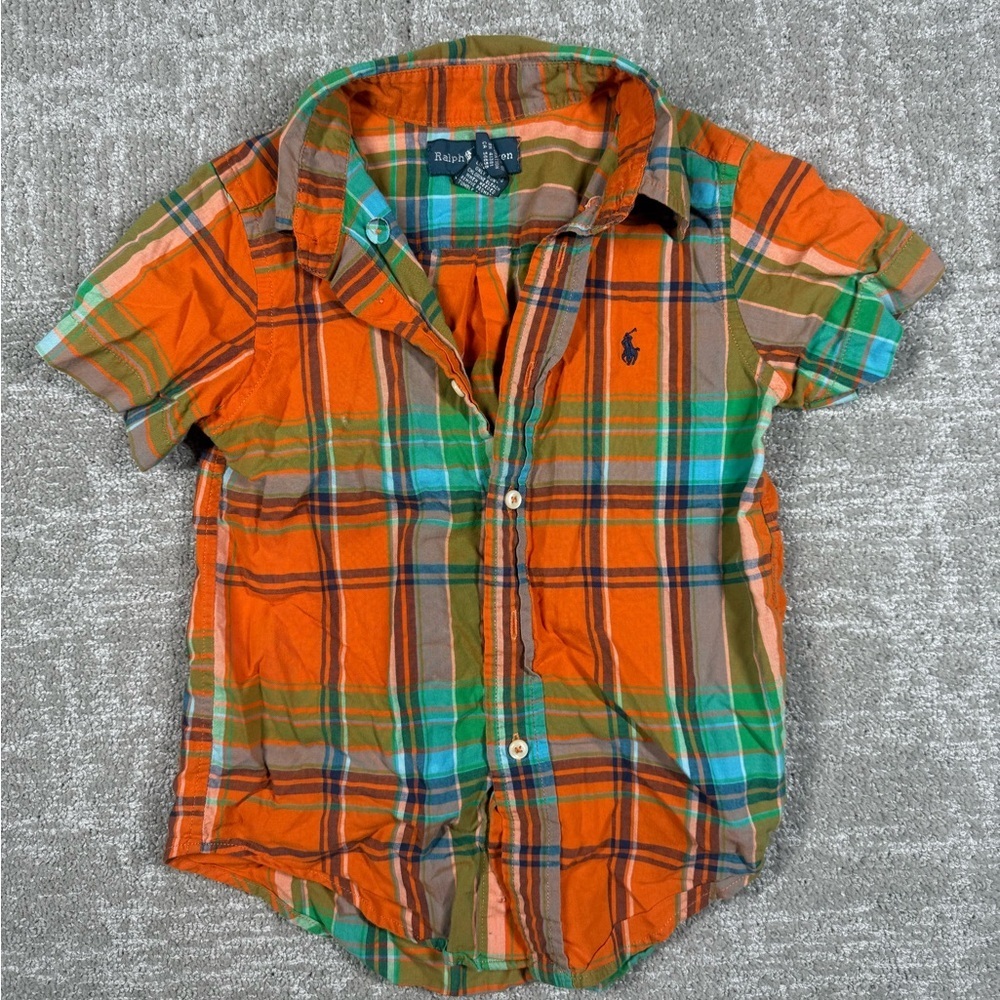 Polo Ralph Lauren Y2K Button Down Orange Green Plaid Pony Logo Shirt Size 4/4T